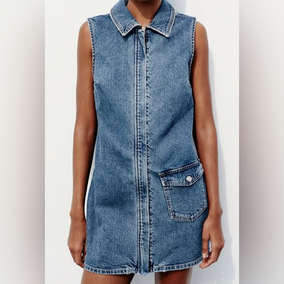 Zara Dresses & Skirts - Zara (L) Blue Denim Jean Zip Up Mini Dress- Sleeveless, Collared, Cargo Pocket